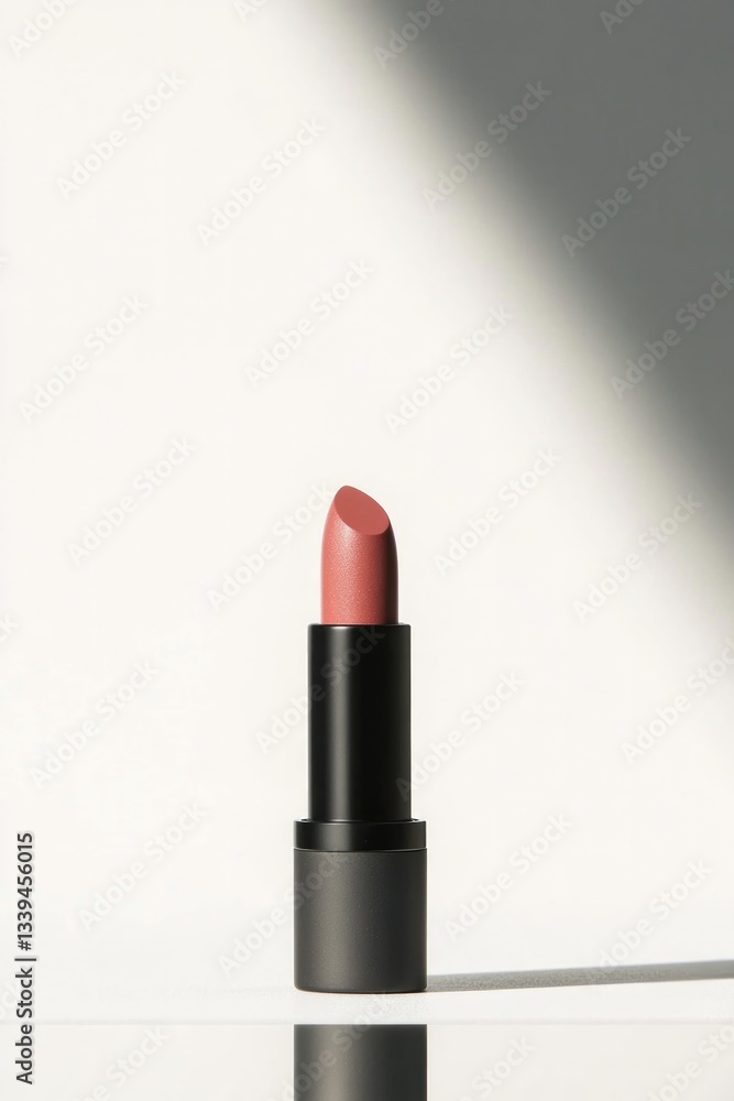 minimalist shot of lipstick standing upright on clean white surface with reflection below minimalist shot of lipstick standing upright on clean white surface with reflection below