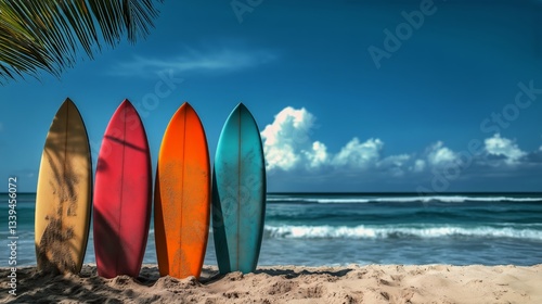 Three Surfboards Stand on Beach Near Palm Trees During Daytime