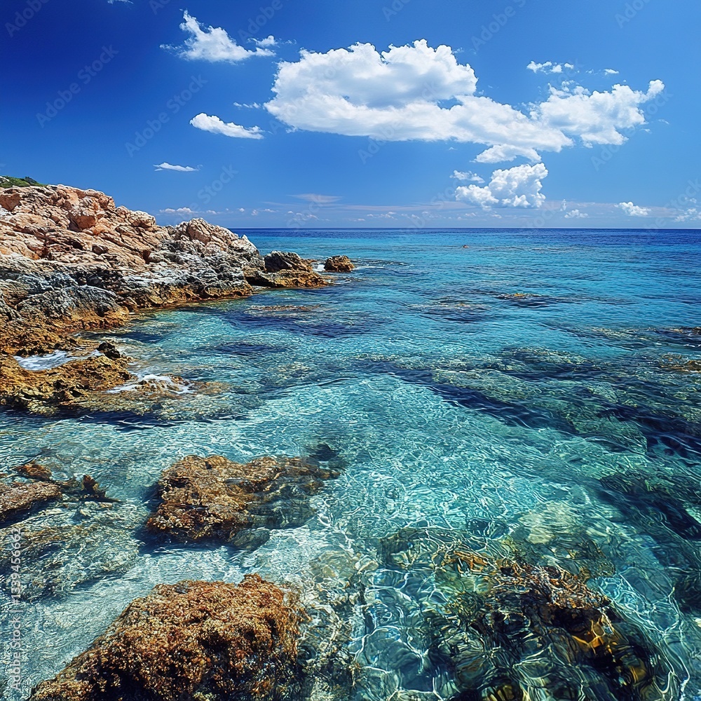 Crystal-clear turquoise water laps gently against a rocky shoreline, bathed in brilliant sunlight. A vibrant blue sky dotted with fluffy clouds frames the scene Crystal-clear turquoise water laps gently against a rocky shoreline, bathed in brilliant sunlight. A vibrant blue sky dotted with fluffy clouds frames the scene