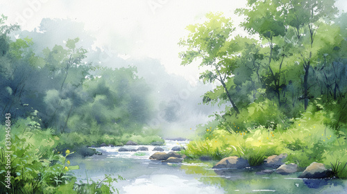 serene watercolor landscape featuring tranquil river surrounded by lush greenery and soft mist. peaceful scene evokes sense of calm and nature