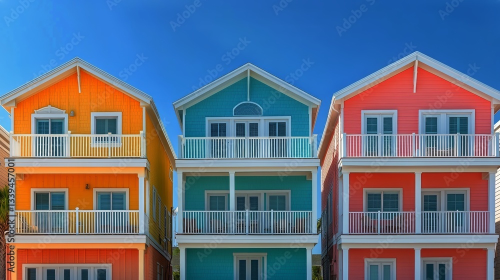 Row of Colorful Beachfront Houses in Outer Banks at Twilight Are Brightly Painted Row of Colorful Beachfront Houses in Outer Banks at Twilight Are Brightly Painted