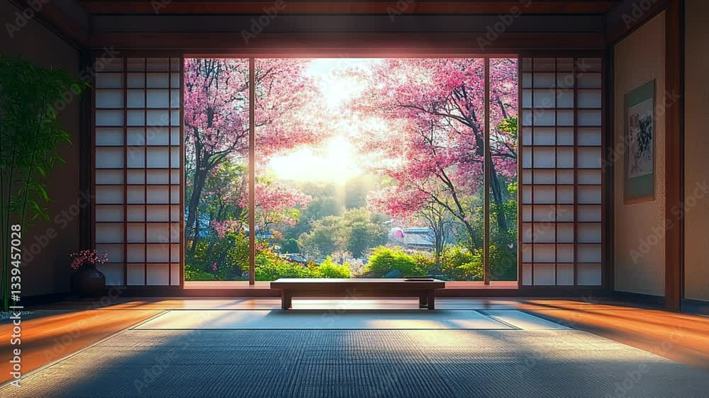 Serene Japanese room with shoji screens overlooking a blooming cherry blossom garden, Seamless looping time lapse animation video background. Serene Japanese room with shoji screens overlooking a blooming cherry blossom garden, Seamless looping time lapse animation video background.