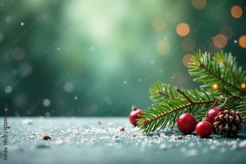 Festive Evergreen Branch with Red Berries and Pine Cone on Snowy Surface, a Winter Wonderland Scene Festive Evergreen Branch with Red Berries and Pine Cone on Snowy Surface, a Winter Wonderland Scene