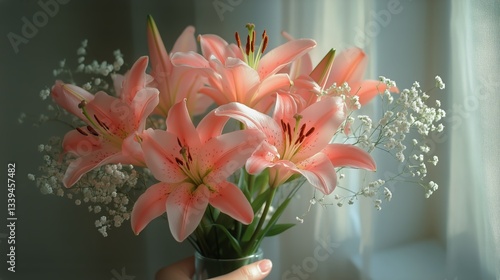Pink Lily Flower Bouquet Held in a Hand Near Window in the Daylight