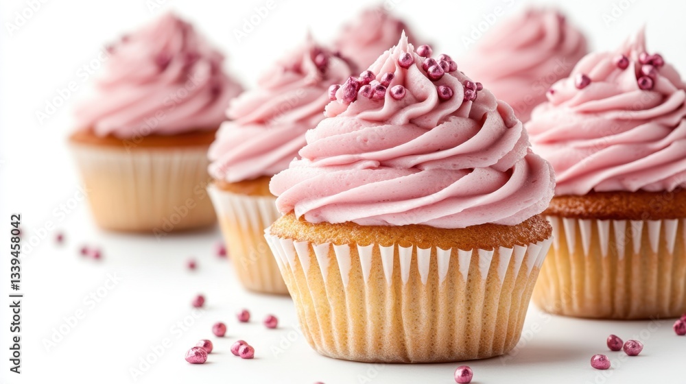 Delicious cupcakes with pink frosting and sprinkles on a white background sweet treats bakery delights baked goods confectionery dessert Delicious cupcakes with pink frosting and sprinkles on a white background sweet treats bakery delights baked goods confectionery dessert