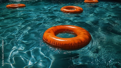 Orange Inflatable Rings Floating in a Refreshing Swimming Pool
