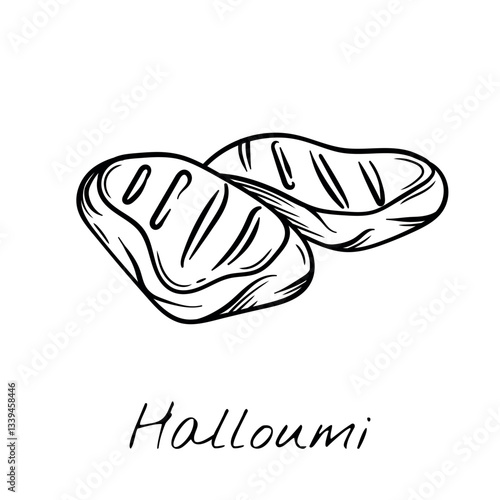 Hand-drawn black and white vector illustration of grilled Halloumi cheese slices. Vintage engraving-style, perfect for food packaging, restaurant menus, and dairy product branding