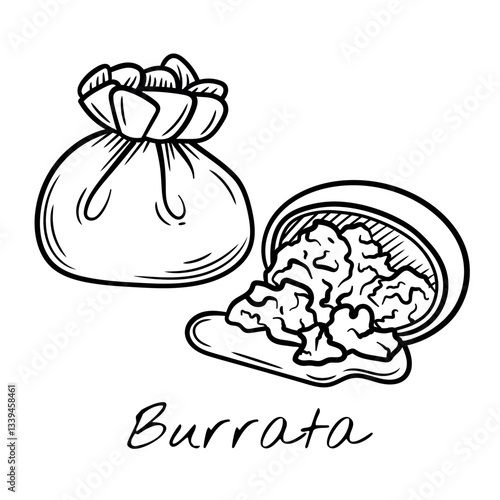 Hand-drawn black and white vector illustration of burrata cheese with a soft, creamy center. Vintage engraving-style, perfect for food packaging, restaurant menus, and dairy product branding