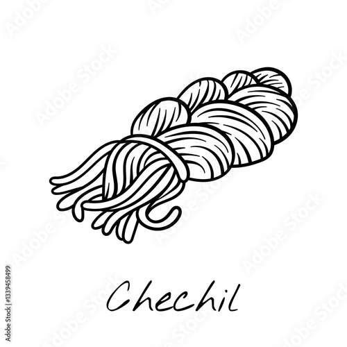 Hand-drawn black and white vector illustration of Chechil string cheese. Vintage engraving-style, perfect for food packaging, restaurant menus, and dairy product branding.