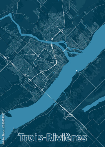 The image showcases a detailed map of Trois-Rivières, a city in Quebec, Canada. The map is rendered in a minimalist style with a dark blue background and white lines representing roads, streets.
