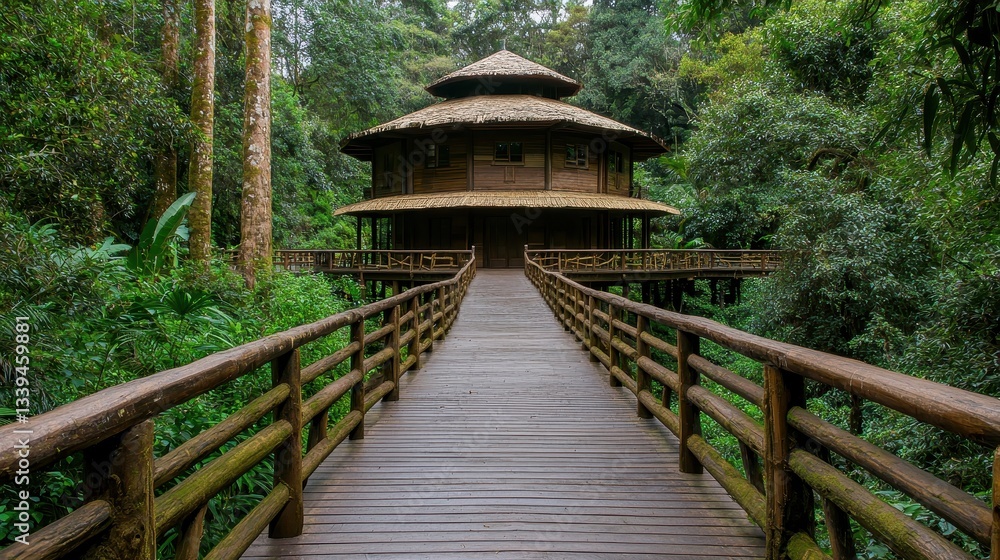 A wooden bridge leads to a round, elevated cabin surrounded by lush greenery, showcasing a serene connection between nature and architecture. A wooden bridge leads to a round, elevated cabin surrounded by lush greenery, showcasing a serene connection between nature and architecture.