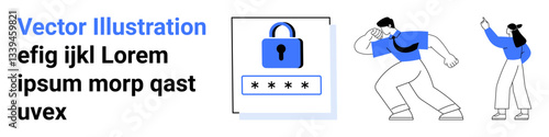 Lock icon with password field emphasizing security, accompanied by two dynamic people. Ideal for security, privacy, authentication, digital safety, access control, data protection, simple landing