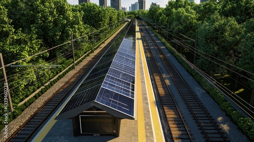 A modern train station featuring solar panels, surrounded by lush greenery and railway tracks, highlighting sustainable architecture.