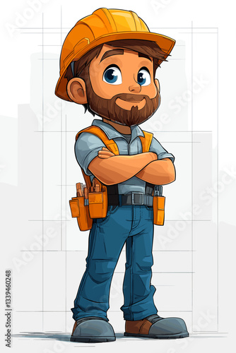 Cheerful cartoon construction worker with a beard, wearing a yellow hard hat, tool belt, and blue uniform, standing confidently with arms crossed in a professional pose
