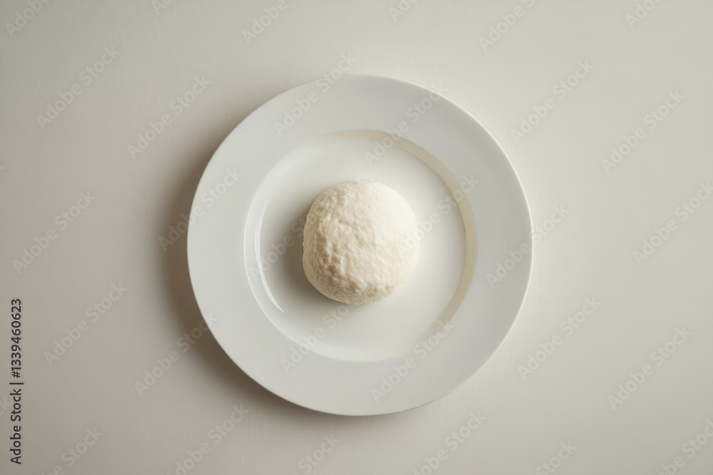 A single white sphere of food resting on a white plate A single white sphere of food resting on a white plate