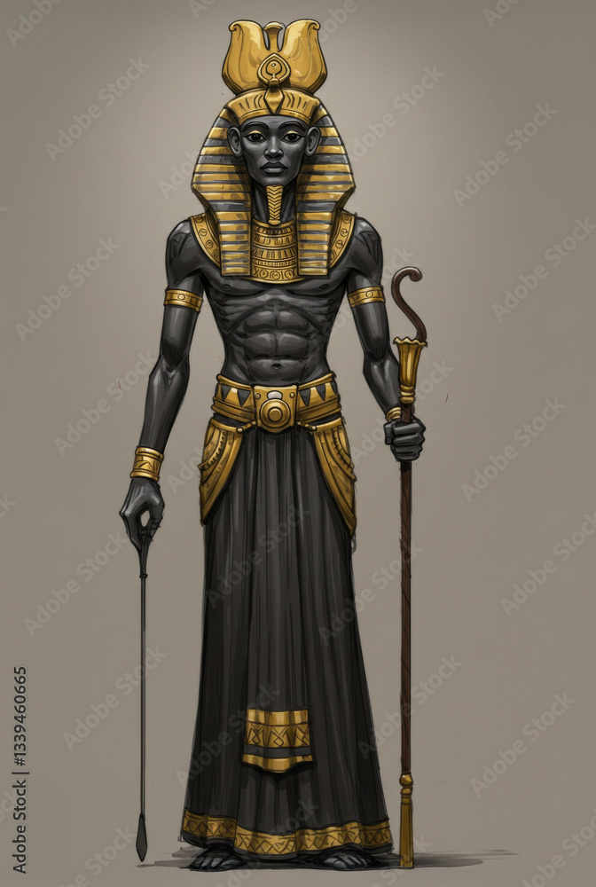 Fototapeta premium Khnum God of Creation Full Body on White - Ancient Egyptian deity, creator god, potter's wheel, Nile River source, human form, regal attire. Symbolizing creation, power, fertility, life, and