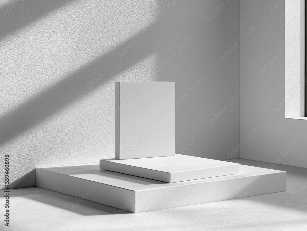 White pedestal displaying blank book mockup in sunlit minimal room White pedestal displaying blank book mockup in sunlit minimal room
