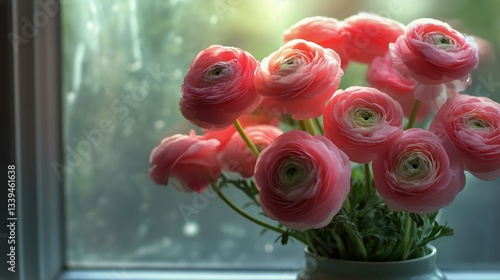 Pink Ranunculus Flowers Sit in Vase Near a Window During Daytime