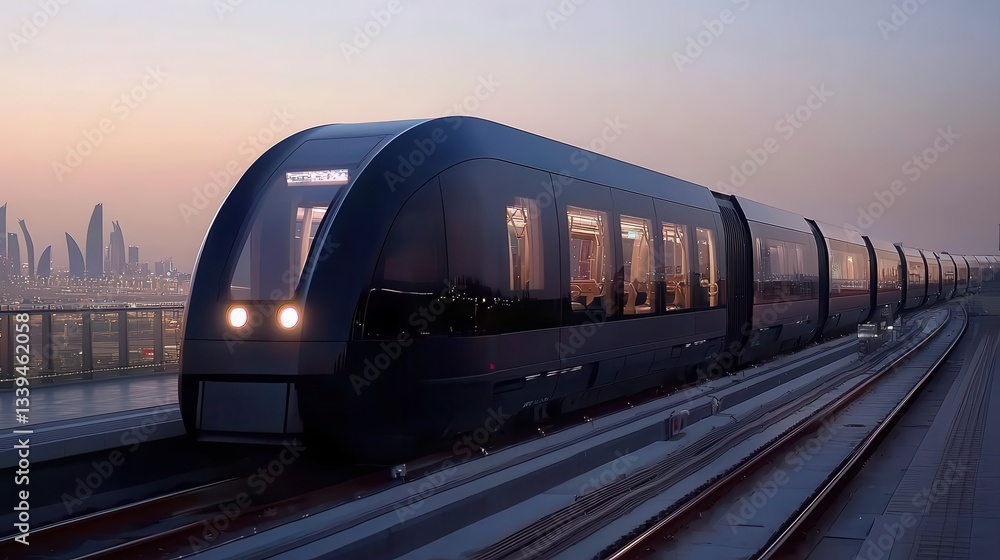 Fototapeta premium A sleek, modern train glides through an urban landscape at dusk, showcasing a blend of technology and design against a city backdrop.