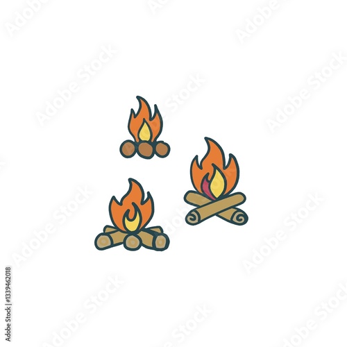 Orange Minimalistic Isolated Seamless icon vector style pattern set and pack of bonfire adventure trip on white background colourful wallpaper paper wrap with journey items bags bag, map and planes