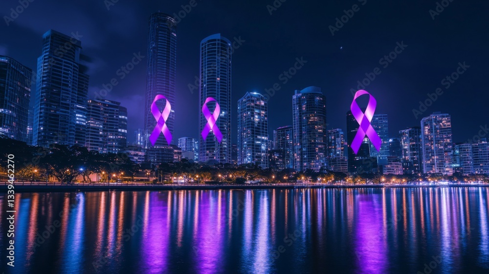 Fototapeta premium Purple Ribbons Illuminate Cityscape Nighttime View