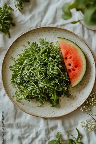 Fresh Salad on Plate With Watermelon, Arugula, and Tomatoes Served