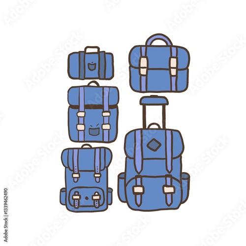 Blue Minimalistic Isolated Seamless icon vector style pattern set and pack of bags baggage luggage adventure trip on white background colourful wallpaper paper wrap with journey items bags bag