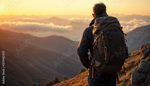 Hiker with backpack enjoying sunset view, reflective mood, scenic mountains, copy space

