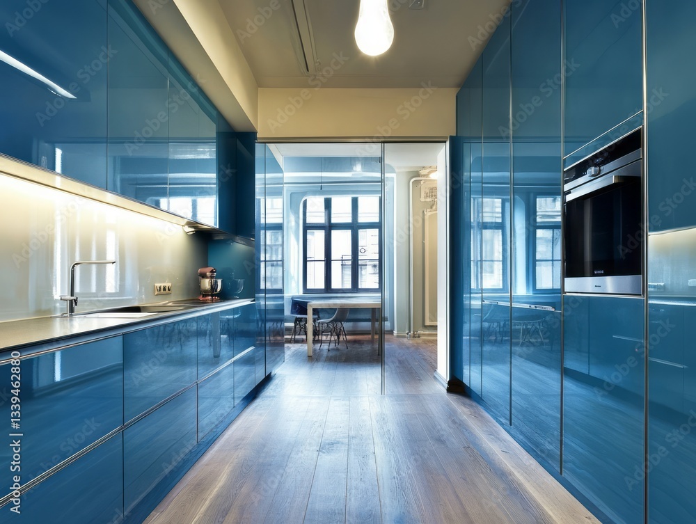 Obraz premium A modern kitchen with blue cabinets and a hardwood floor