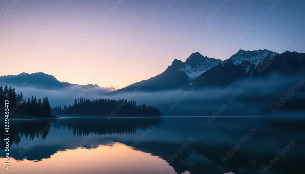 Misty dawn light reflects on still Swiftcurrent Lake, mountain silhouettes loom, sunrise, tranquil Misty dawn light reflects on still Swiftcurrent Lake, mountain silhouettes loom, sunrise, tranquil