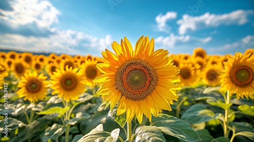 Sunflower Field Blooms Under Sunny Skies, Summer Day at Agricultural Farm Lan...