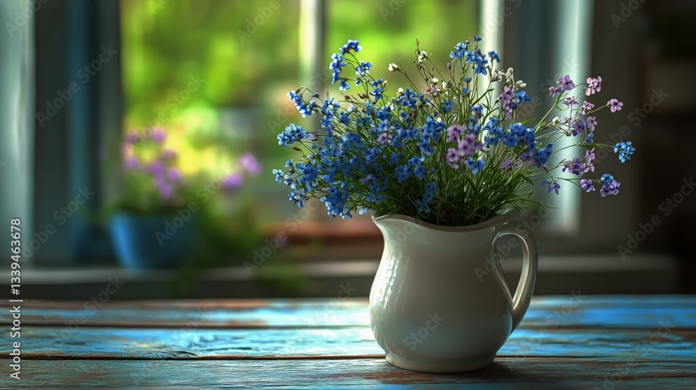 Forget-me-nots Arrangement in White Pitcher Stands on Wooden Table Forget-me-nots Arrangement in White Pitcher Stands on Wooden Table