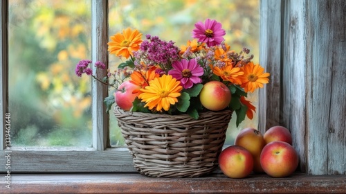 Wallpaper Mural Autumnal Still Life with Vibrant Flowers and Fresh Apples by Rustic Window Capturing Seasonal Beauty and Natural Light in a Cozy Setting Torontodigital.ca