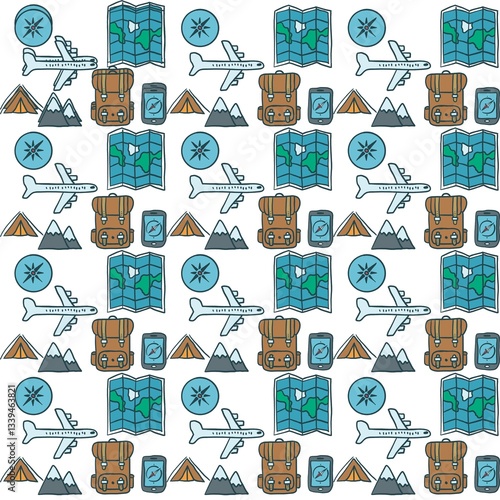 Minimalistic Isolated Seamless icon vector style pattern set and pack of adventure trip on white background colourful wallpaper paper wrap with journey items bags bag, map and planes