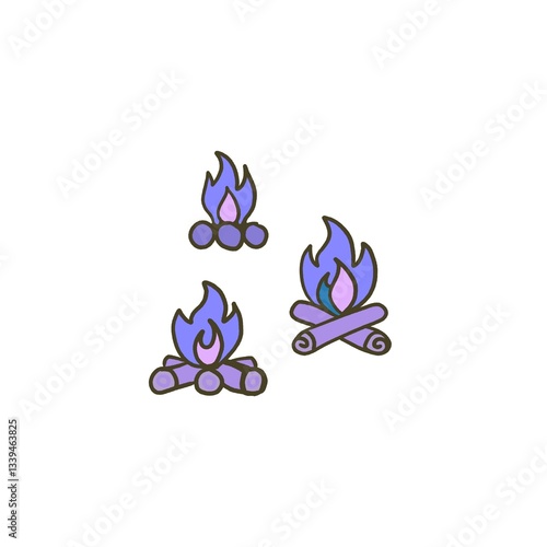 Minimalistic Isolated Seamless icon vector style pattern set and pack of purple bonfire adventure trip on white background colourful wallpaper paper wrap with journey items bags bag, map and planes