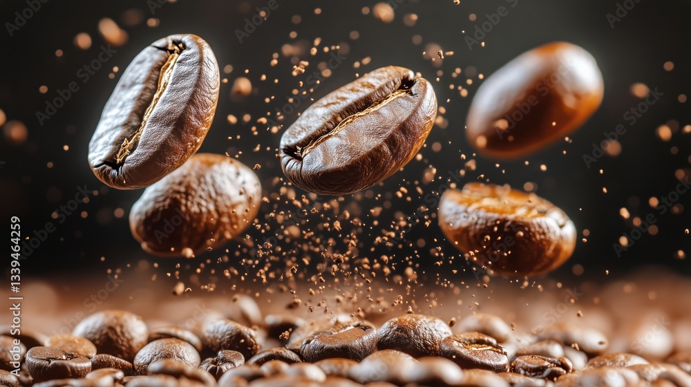 Roasted Coffee Beans Floating in Air With Ground Coffee, Dark Food Background Roasted Coffee Beans Floating in Air With Ground Coffee, Dark Food Background
