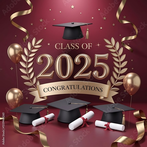 Class of 2025 golden graduation theme featuring black mortarboards, diplomas, elegant banner, laurel wreath, balloons, and festive gold elements, ideal for greeting cards, event flyers and certificate