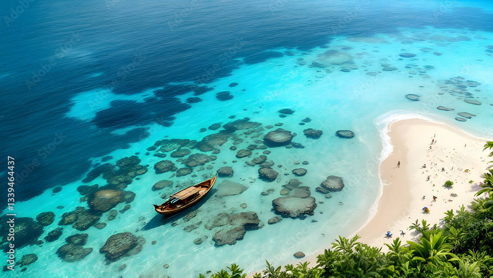 Fototapeta premium Tropical Beach with Clear Blue Water, Palm Trees, and a Wooden Boat