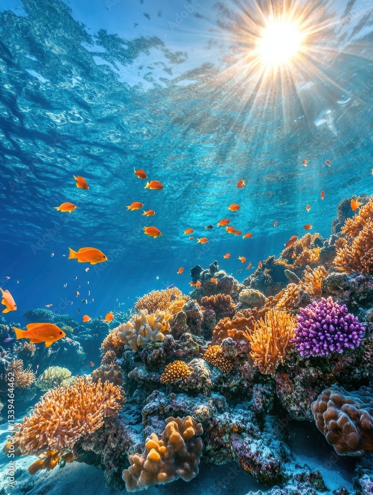 Obraz premium Vibrant underwater coral reef ecosystem teeming with orange fish under the bright sun rays creating a serene aquatic scene