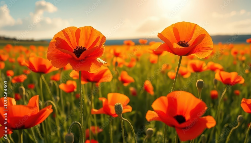 Fototapeta premium Sun-drenched poppies sway gently in a vibrant field, plant, golden