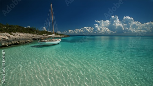 Sailing Boat Navigates Turquoise Ocean Waters, Aerial View During Bright Sunn...