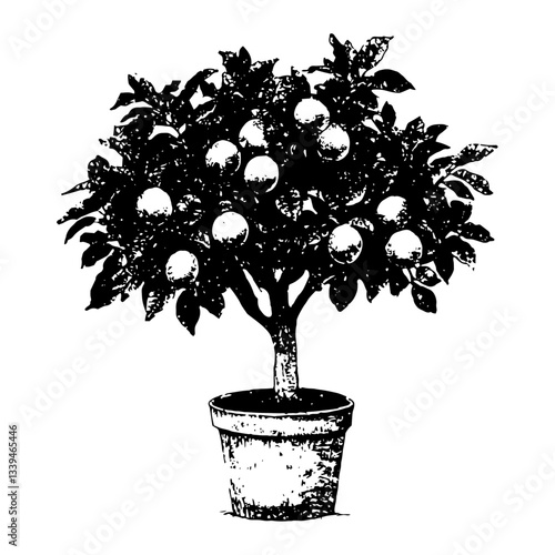 potted citrus tree with fruits, detailed vintage black and white engraving style vector illustration