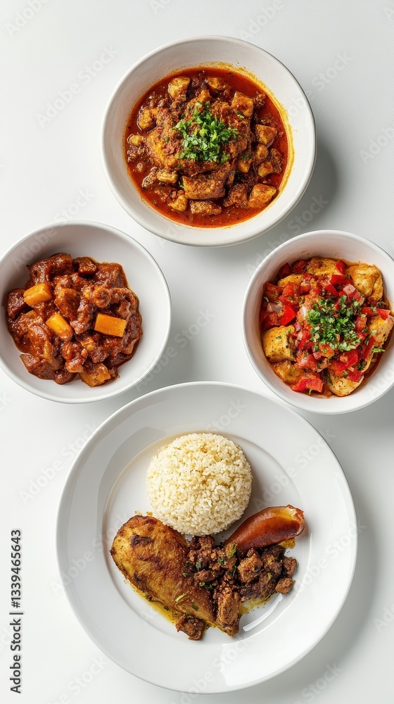A photograph showing multiple dishes of prepared food on a white table A photograph showing multiple dishes of prepared food on a white table