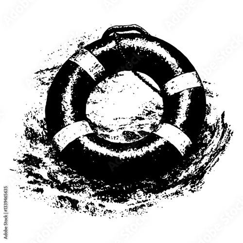 Lifebuoy on water – black and white grunge vector illustration