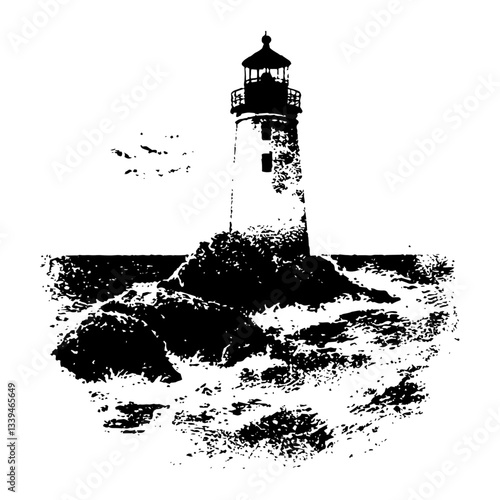 Retro engraved lighthouse on rocky coast with waves – monochrome vector artwork