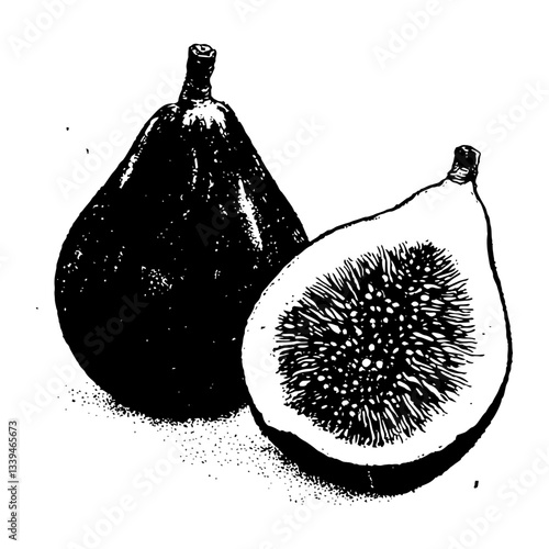 Hand‑drawn stipple figs, whole and half fruit – detailed black vector illustration
