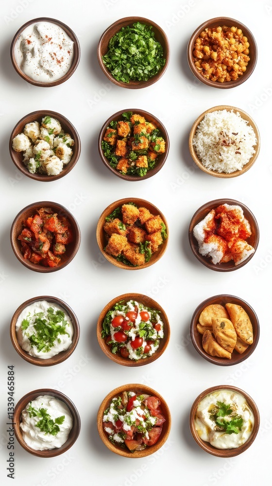 Small bowls of various fresh food ingredients on display Small bowls of various fresh food ingredients on display