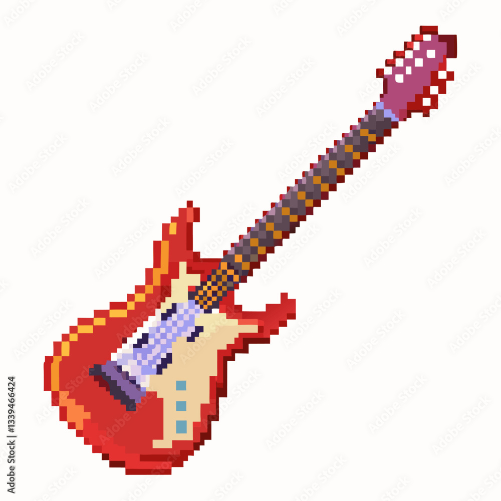 Fototapeta premium Pixel Art Electric Guitar with Flame Design Retro Gaming Style Illustration