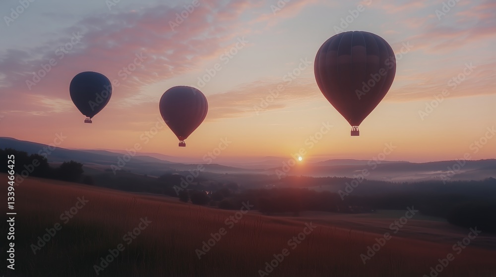 Naklejka premium Balloons Soar Over European Countryside at Sunrise in a Dreamy Landscape
