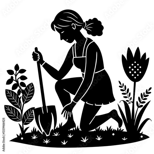 Silhouette vector illustration of a gardener working in a garden, symbolizing care, nature, and dedication